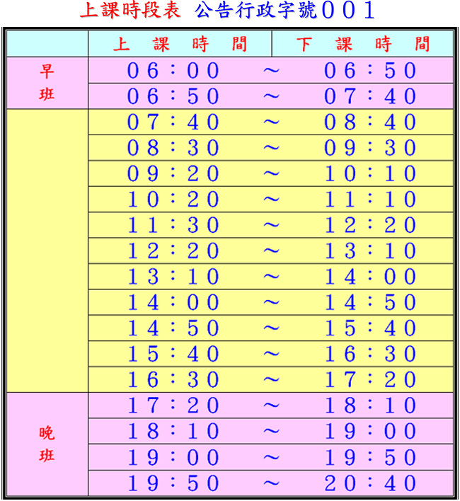 上課時段表